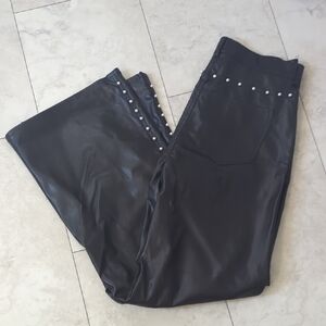 Vibrant Black Faux Leather Pants with Pearl Details
